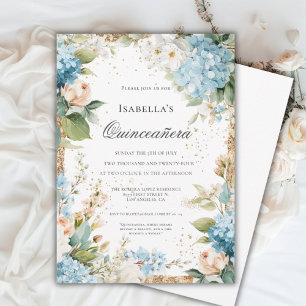 Convites Celebração Elegante de Quinceañera Floral Azul 15