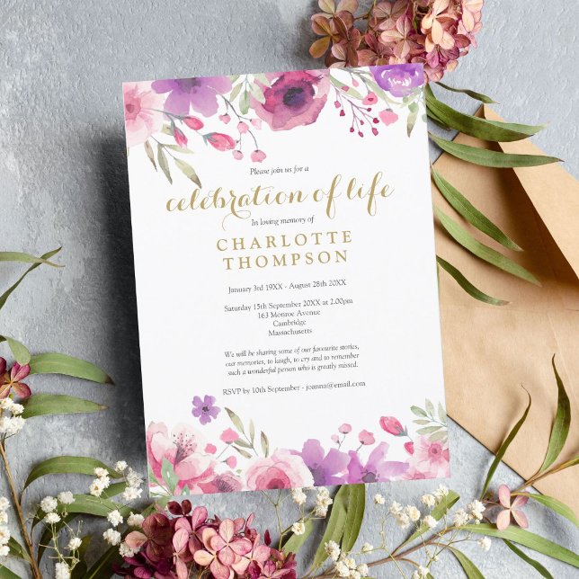 Convites Celebração Elegante do Funeral Floral da Vida (Criador carregado)