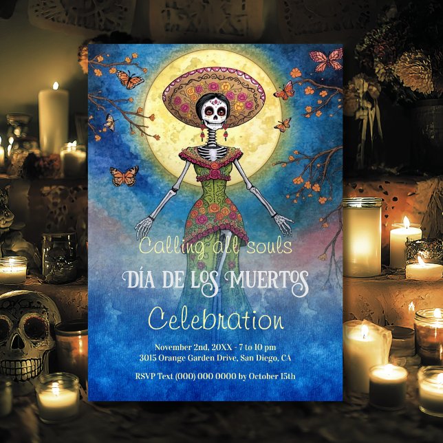 Convites Celebração Elegante Moonlit Catrina Día de Muertos (Elegant Catrina under the moon — watercolor Día de los Muertos celebration invitation.)