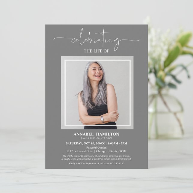 Convites Celebração Elegante Simples da Foto Funeral da Vid (Em pé/Frente)