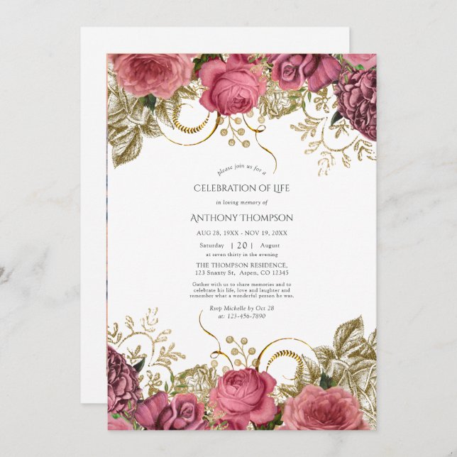 Convites Celebração Floral da Vida, rosa e Dourada, (Frente/Verso)