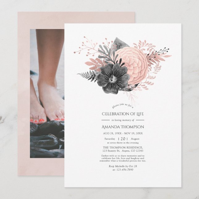 Convites Celebração Floral de Blush e Carvões da Vida (Frente/Verso)