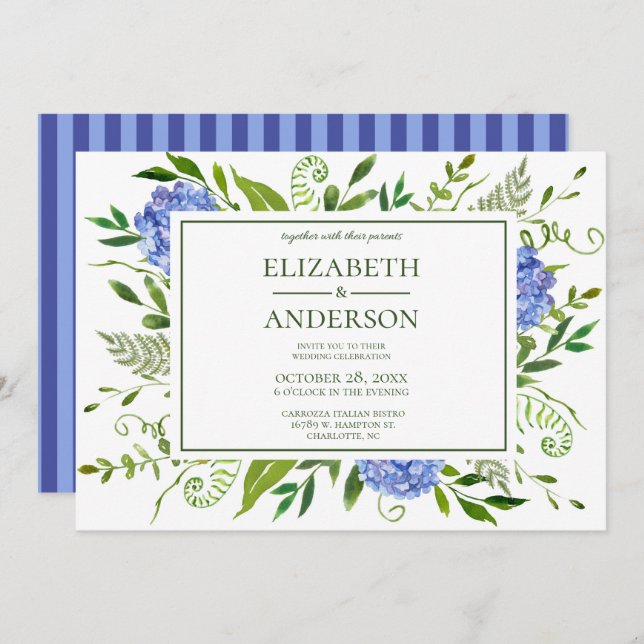 Convites Celebração Floral de Casamento de Hydrangeas Azul (Frente/Verso)