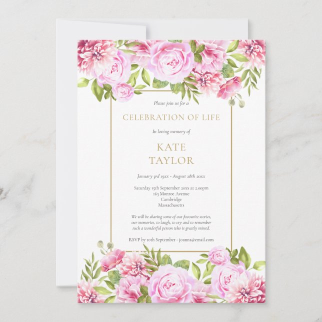 Convites Celebração Floral de rosas do Funeral da Vida (Frente)