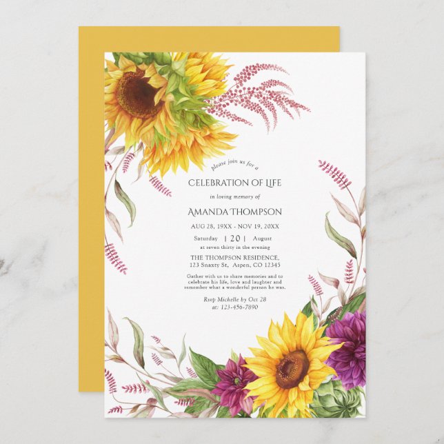 Convites Celebração Floral de Sol e Burgundia (Frente/Verso)