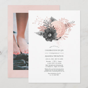 Convites Celebração Floral de Vida com Rosa e Carvão