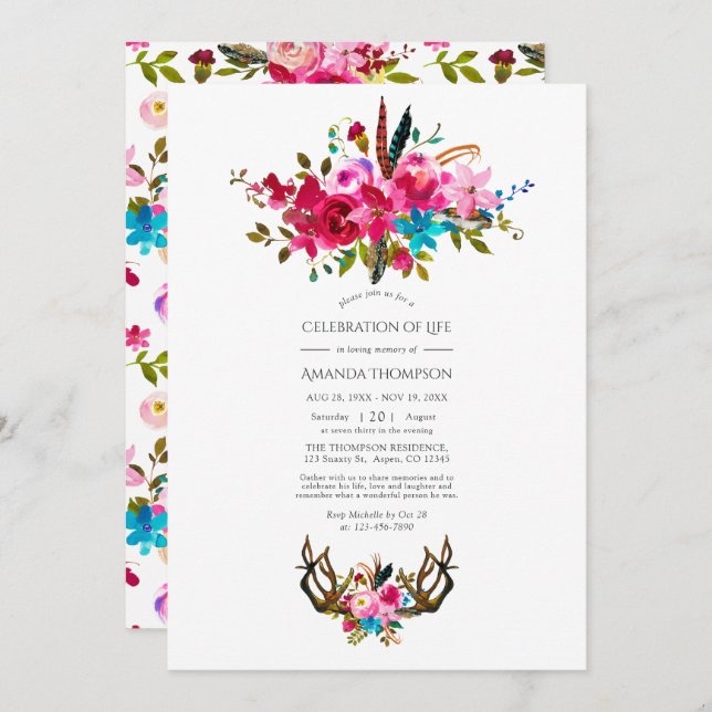 Convites Celebração Floral de Watercolor Boho Chic (Frente/Verso)