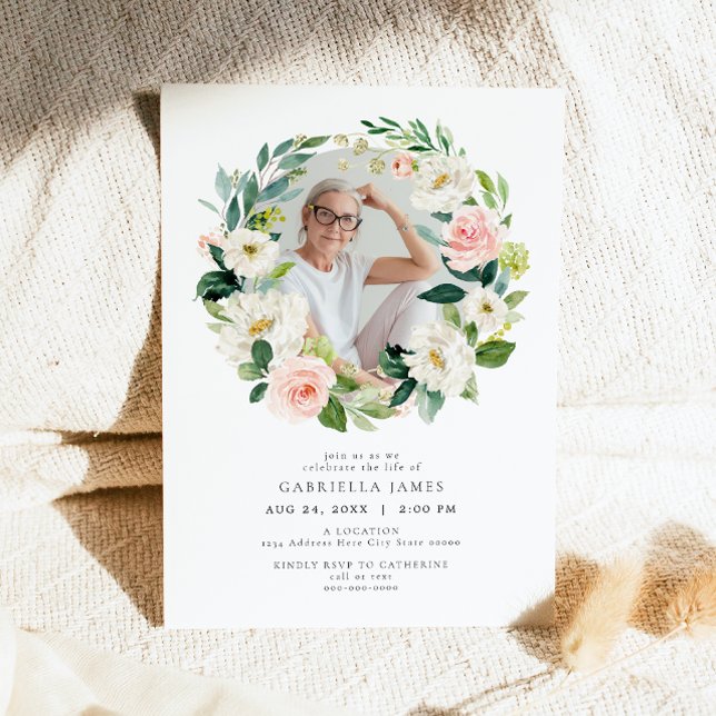Convites Celebração Floral Elegante Blush do Funeral da Vid (Criador carregado)