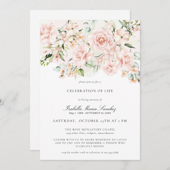 Convites Celebração Floral Rosa Elegante do Funeral da Vida (Frente/Verso)