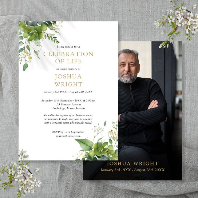 Convites Celebração Floral Verde de Vida Funeral Foto (Greenery Floral Celebration Of Life Funeral Photo Invitation)
