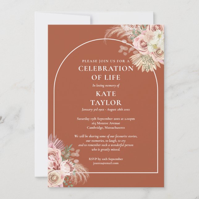 Convites Celebração Funeral da Grama Floral de Pampas de Vi (Frente)