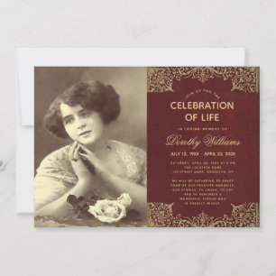 Convites Celebração Funeral da Vida Burgundy Dourada