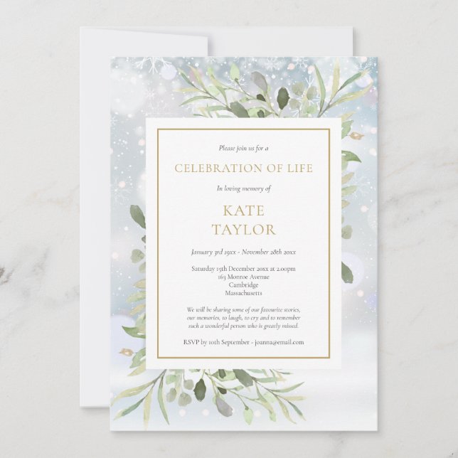 Convites Celebração Funeral da Vida em Greenery de inverno (Frente)