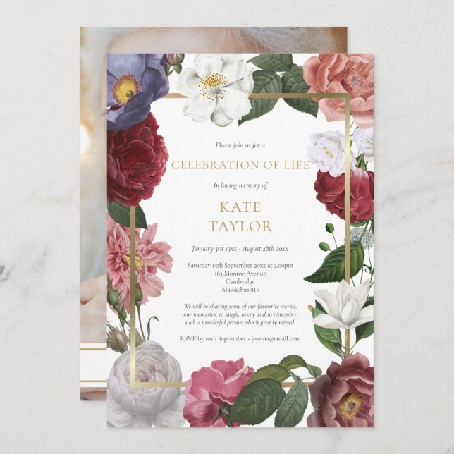 Convites Celebração Funeral de Foto da Vida Floral (Frente/Verso)