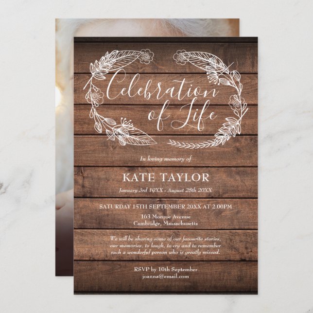 Convites Celebração Funeral de Madeira Rústica da Foto da V (Frente/Verso)
