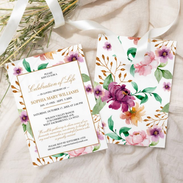Convites Celebração Funeral de Rosa rosa e roxo da vida (Criador carregado)