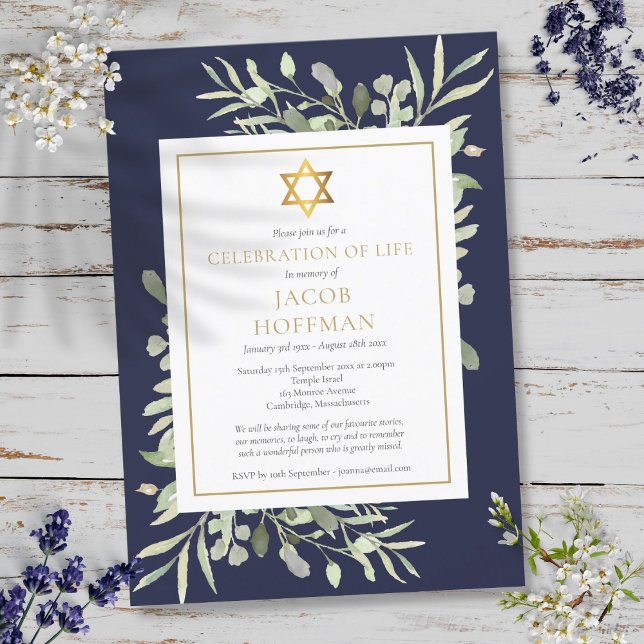 Convites Celebração Funeral Judaica do Azul Verde (Jewish Funeral Celebration of Life Greenery Blue Invitation)