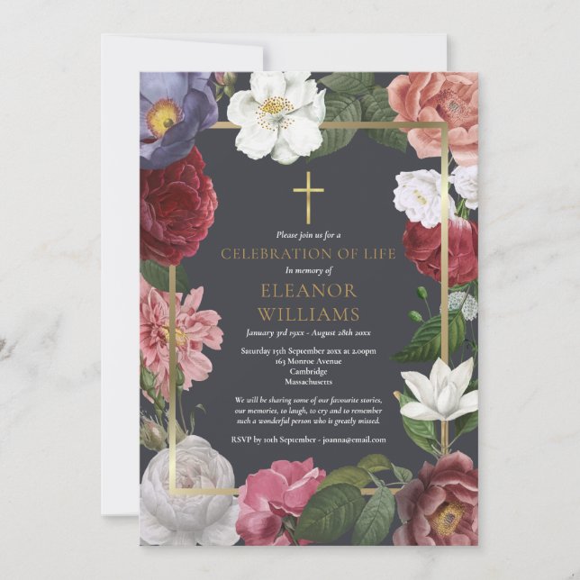 Convites Celebração Funerária de Vida Rosa Floral (Frente)