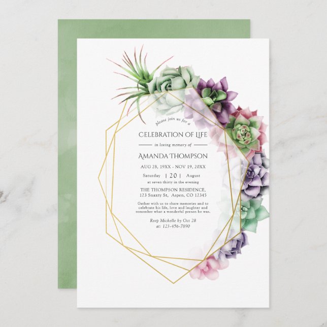 Convites Celebração Geométrica Suculenta de Aquarela da Vid (Frente/Verso)