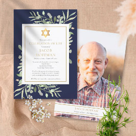 Convites Celebração Judaica da Vida Folhagem Azul-Marinho F