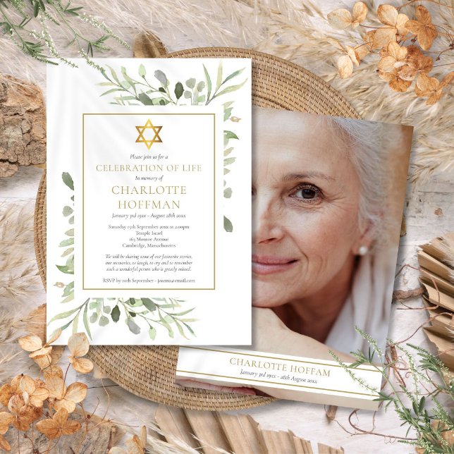 Convites Celebração Judaica da Vida Funeral Foto Greenery (Jewish Celebration of Life Funeral Greenery Photo Invitation)