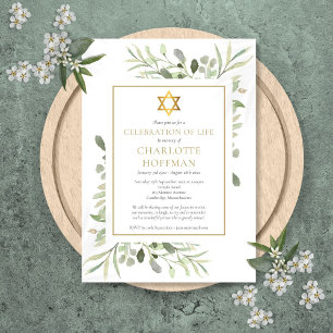 Convites Celebração Judaica da Vida Funeral Verde Dourado