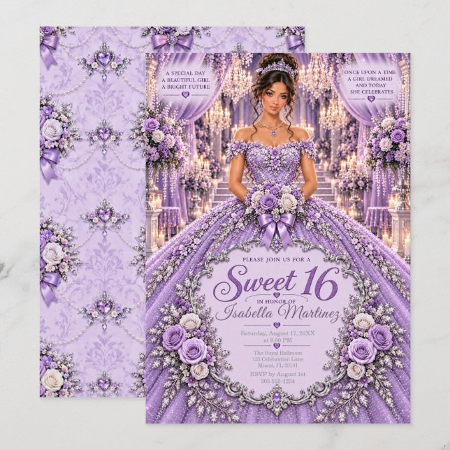 Convites Celebração Lavanda Sweet 16 (Frente/Verso)