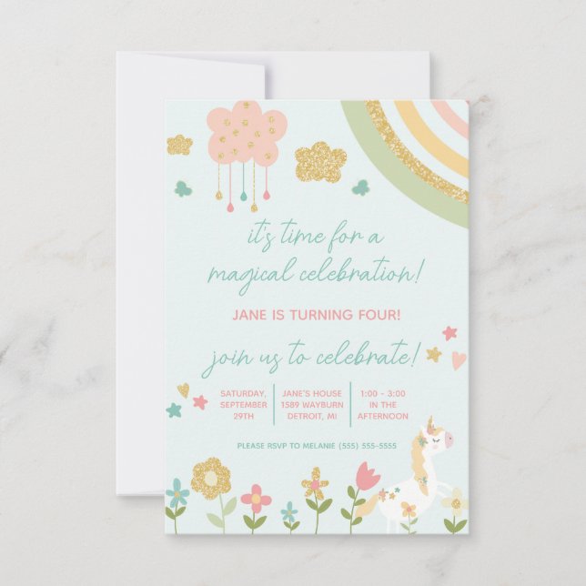 Convites Celebração Mágica, Unicórnio, Aniversário do Arco- (Frente)