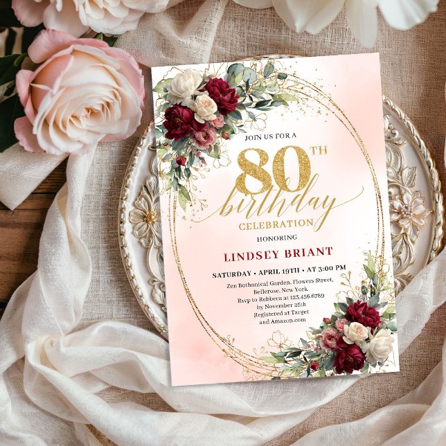 Convites Celebração Romântica Boho Floral de 80 Anos  (Romantic Boho Floral 80th Birthday Celebration Invite)