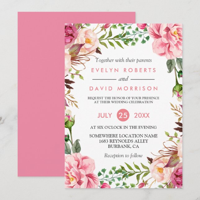 Convites Celebração Romântica De Casamento Floral Rosa Botâ (Frente/Verso)