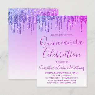 Convites Celebração roxa de Quinceanera do brilho da faí