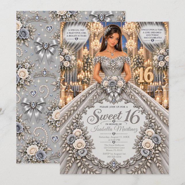 Convites Celebração Silver Sweet 16 (Frente/Verso)