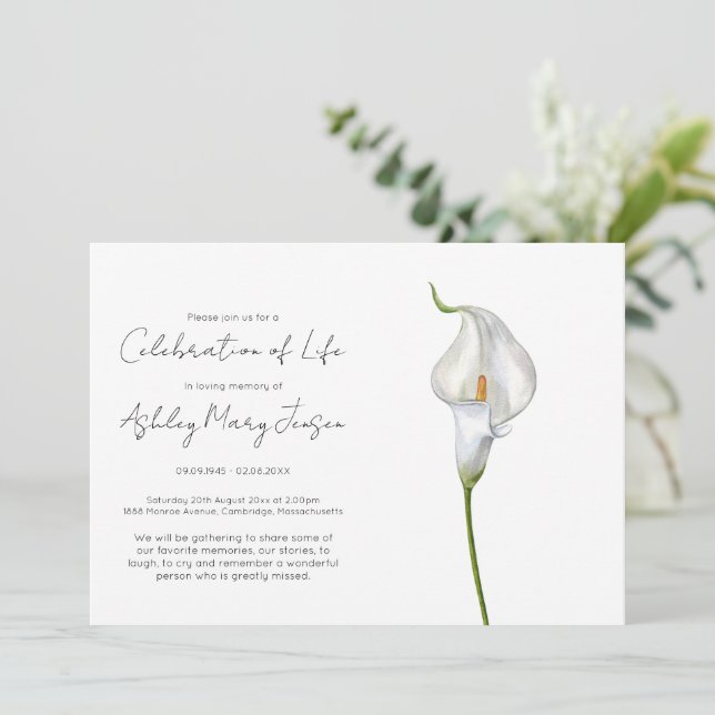 Convites Celebração Simples da Vida com Lírio-de-Calla Fune (Em pé/Frente)