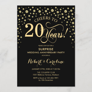 Convites Celebração Surpresa de 20º Aniversário - Ouro Pret