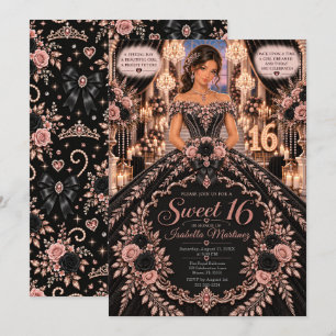 Convites Celebração Sweet 16 em Preto e Dourado Rosa