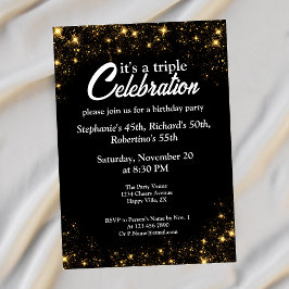 Convites Celebração Tripla Aniversário Conjunto Dourado Pre