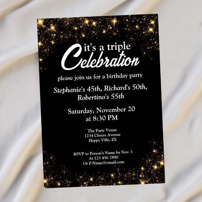 Convites Celebração Tripla Aniversário Conjunto Dourado Pre (Criador carregado)