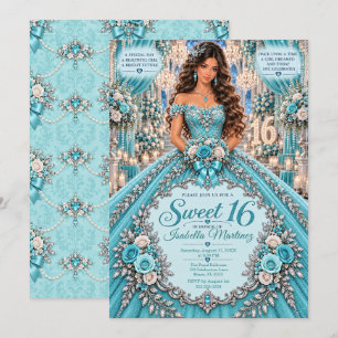 Convites Celebração Turquesa Prata Sweet 16