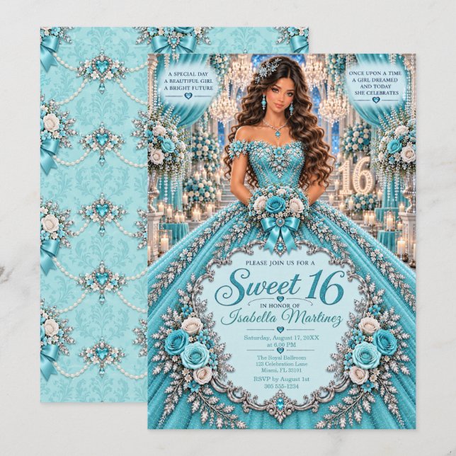 Convites Celebração Turquesa Prata Sweet 16 (Frente/Verso)