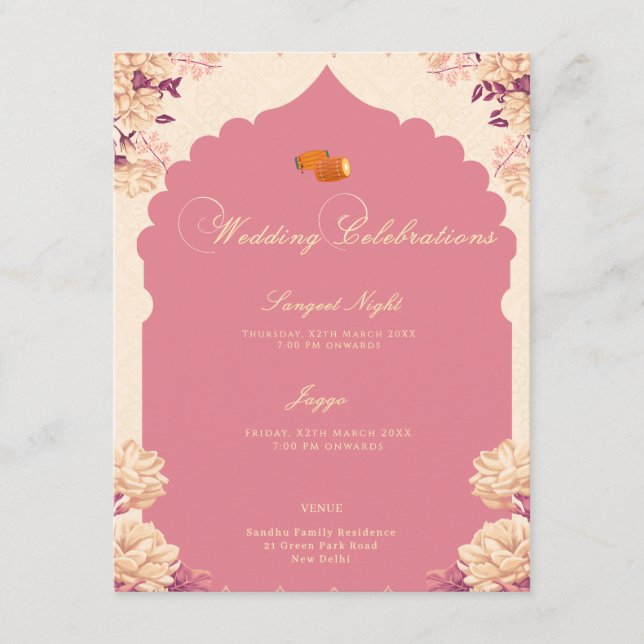 Convites Celebrações de Casamento | Sikh Sangeet & Jaggo (Frente)