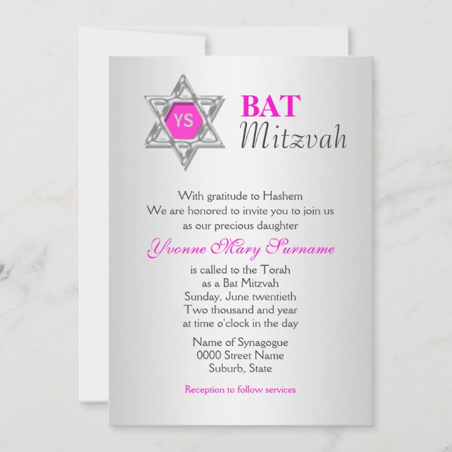Convites Celebrações rosa de Bat Mitzvah (Frente)