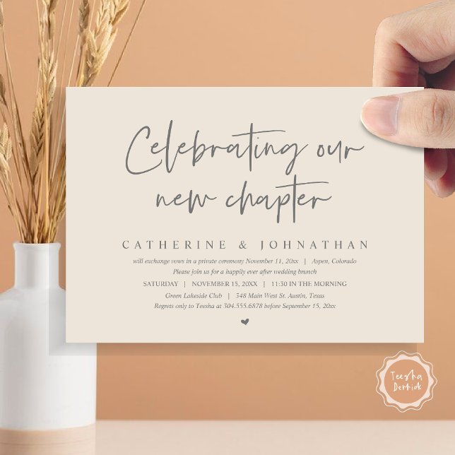 Convites Celebrando Nosso Novo Capítulo, Elopement Brunch (Celebrating Our New Chapter, Elopement Brunch/ Dinner / Party Invitation Card, in Grey Cream)