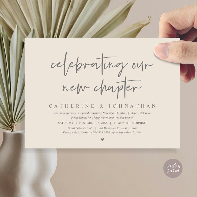 Convites Celebrando Nosso Novo Capítulo, Elopement Brunch (Celebrating Our New Chapter, Wedding Elopement Brunch Invitation Card, PDF, in Dark Grey Cream)