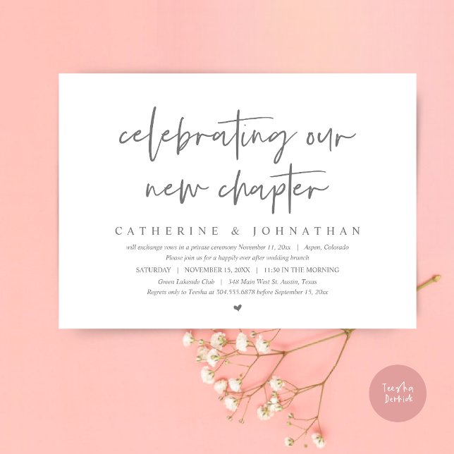 Convites Celebrando Nosso Novo Capítulo, Elopement Brunch (Celebrating Our New Chapter, Wedding Elopement Brunch Invitation Card, PDF, in Dark Grey)
