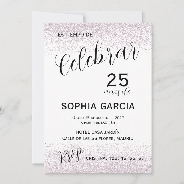 Convites Celebrar 25 Anos Aniversário Pink Glitz (Frente)