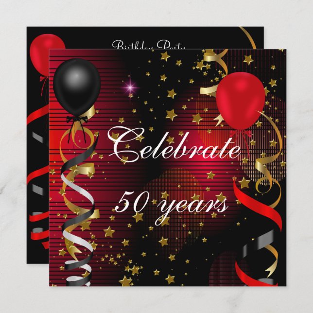 Convites Celebrar 50 50ª Estrelas Vermelhas Pretas Festas d (Frente/Verso)