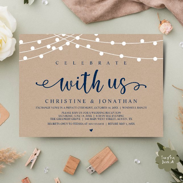 Convites Celebrar com a Luz da Corda de Casamento da Fazend (Celebrate with us Rustic Farm Wedding String Light Invitation Card, PDF, Navy Blue with little heart)