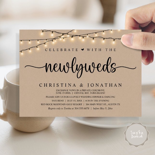 Convites Celebrar Com O Janto De Casamento Russo De Newlywe (Celebrate With The Newlyweds Rustic Wedding Dinner Invitation Card, PDF, String Lights Brown Kraft)