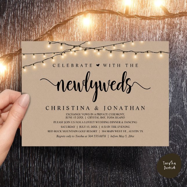 Convites Celebrar Com O Janto De Casamento Russo De Newlywe (Celebrate With The Newlyweds Rustic Wedding Dinner Invitation Card, PDF, String Lights Brown Kraft)