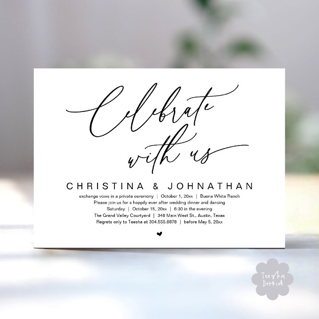 Convites Celebrar Com O Partido Janto Do Elopemento De Casa (Celebrate With Us Romantic Wedding Elopement Dinner Brunch Lunch Party Invites Card PDF White Black)